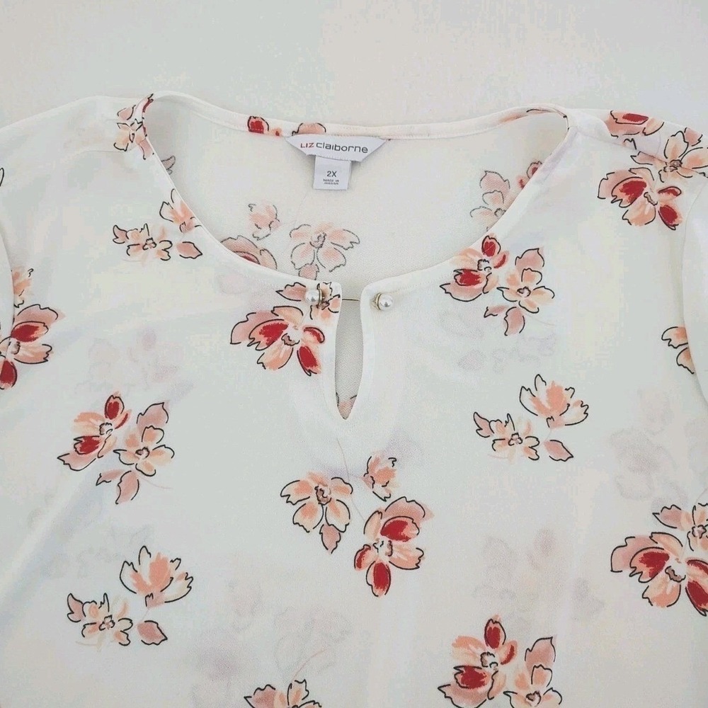 Liz Claiborne Ivory Floral Keyhole Neck Pearl Accent Flutter Sleeve Blouse 2X - Picture 7 of 14